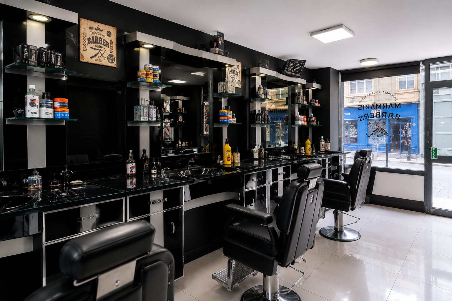 Inside Marmaris — black gloss units, mirrors and chairs, white tile floor, the North Road window behind